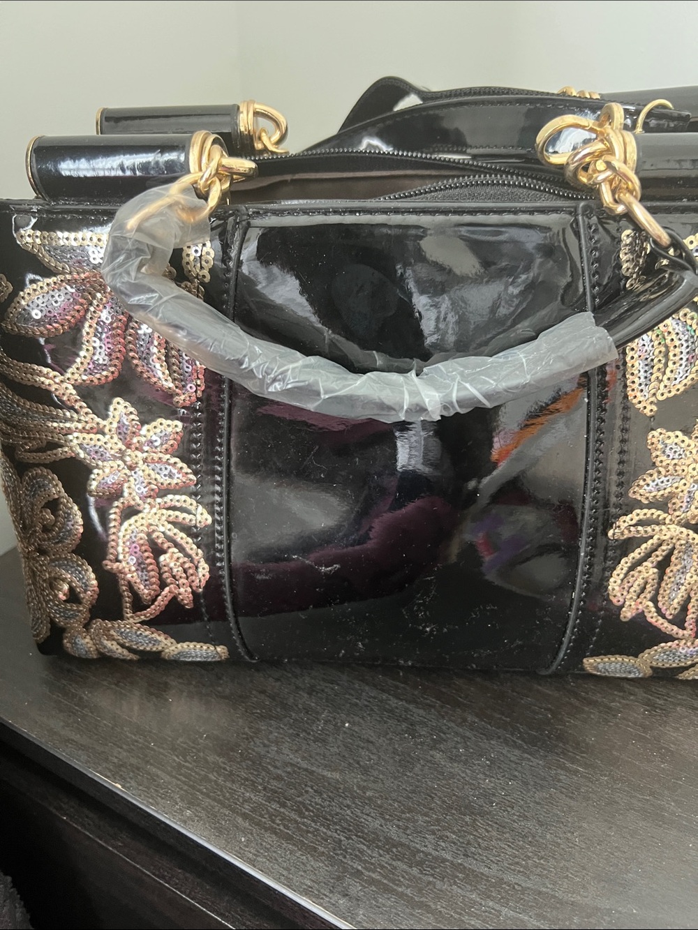 Black Sequin Patent Leather Top-Handle Bag - Picture 3 of 5